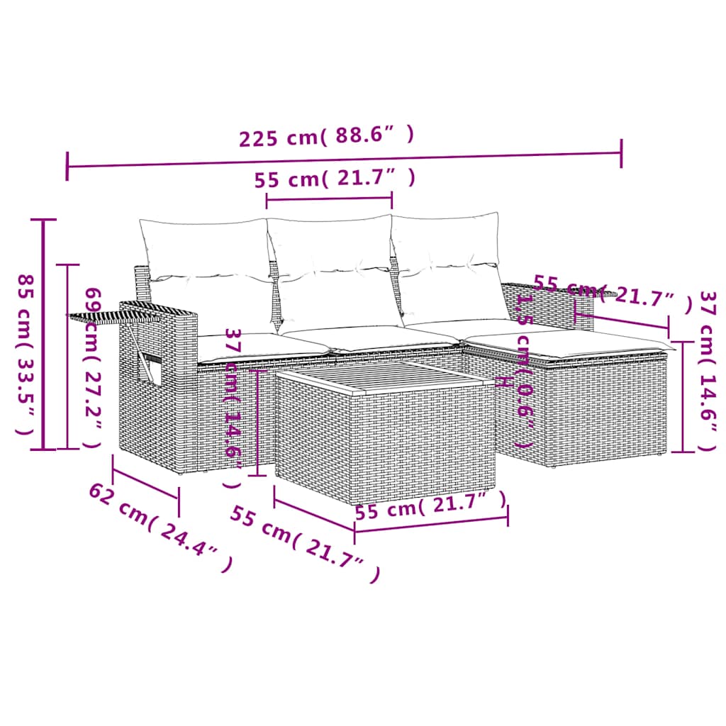 5-teiliges Gartensofa-Set mit Kissen, schwarzes Polyrattan