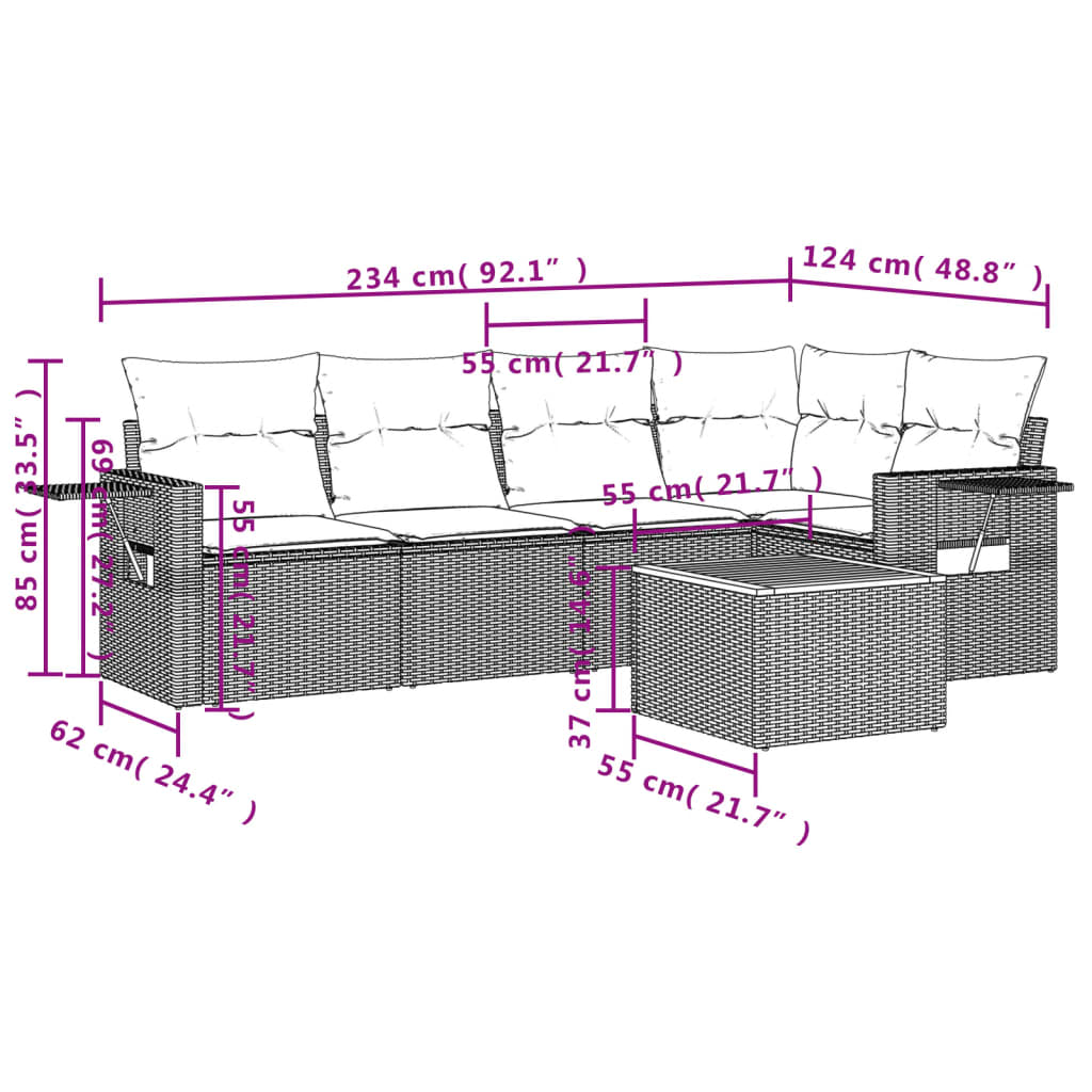 6-teiliges Gartensofa-Set mit Kissen, schwarzes Polyrattan