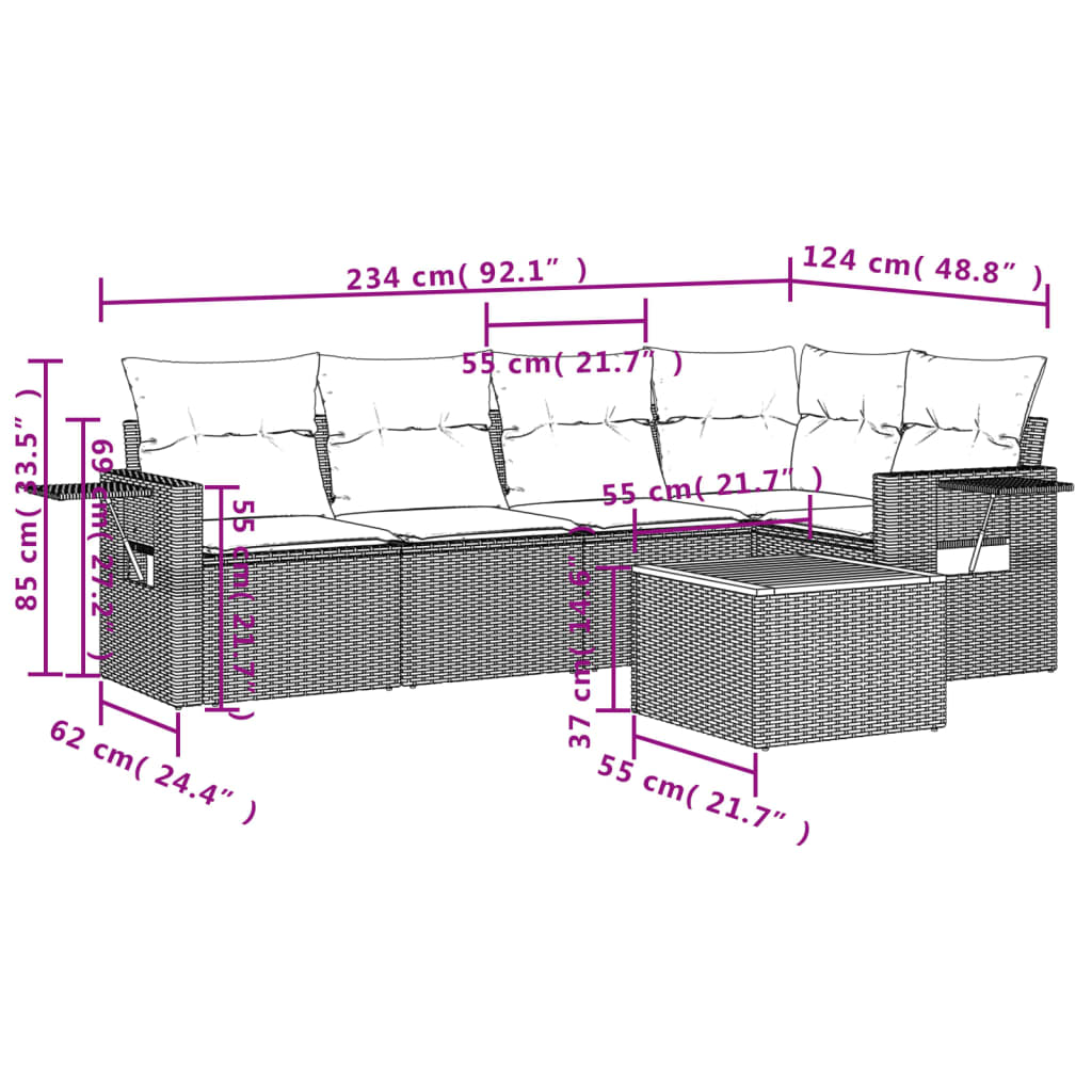 6-teiliges Gartensofa-Set mit Kissen, grau, Polyrattan