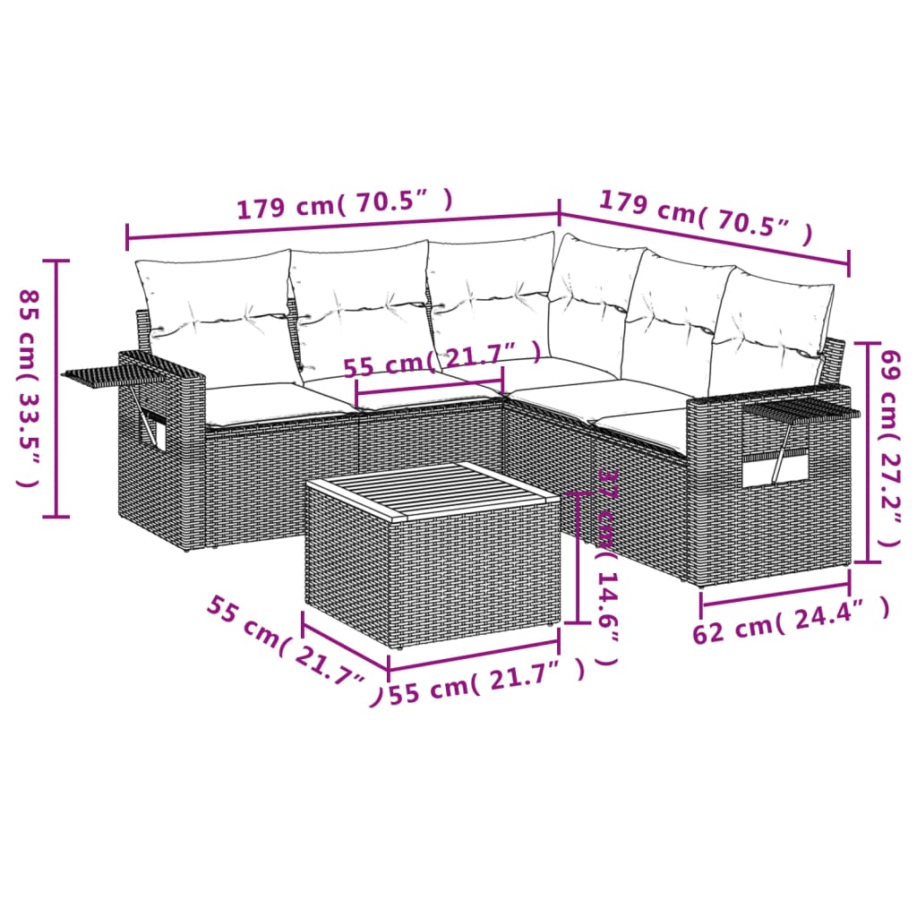 6-teiliges Gartensofa-Set mit Kissen, schwarzes Polyrattan