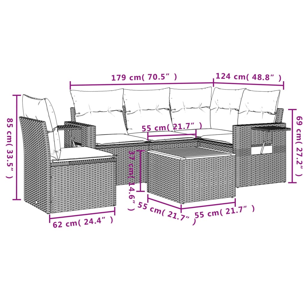 6-teiliges Gartensofa-Set mit Kissen, schwarzes Polyrattan