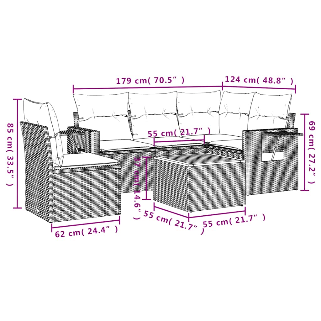 6-teiliges Gartensofa-Set mit Kissen, grau, Polyrattan