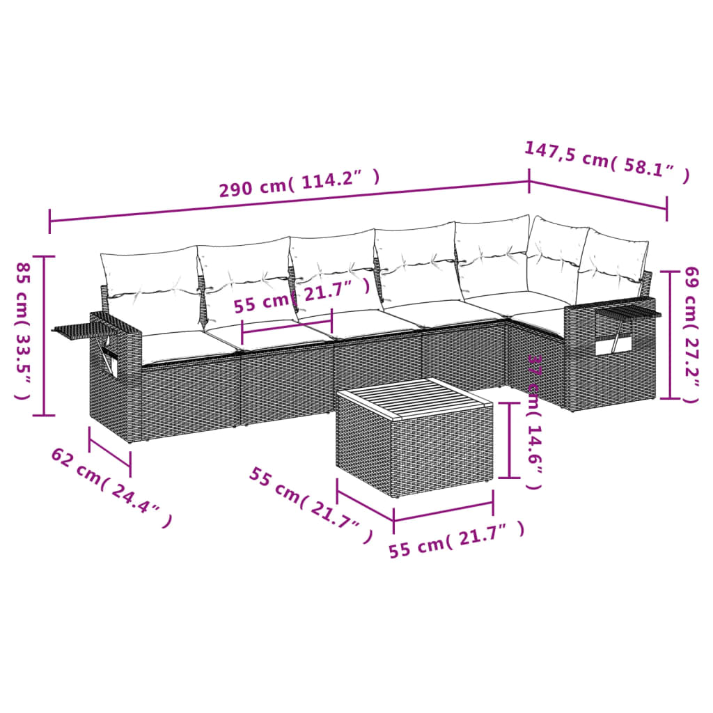 7-teiliges Gartensofa-Set mit Kissen, schwarzes Polyrattan