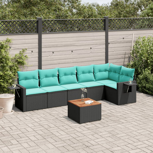 7-teiliges Gartensofa-Set mit Kissen, schwarzes Polyrattan