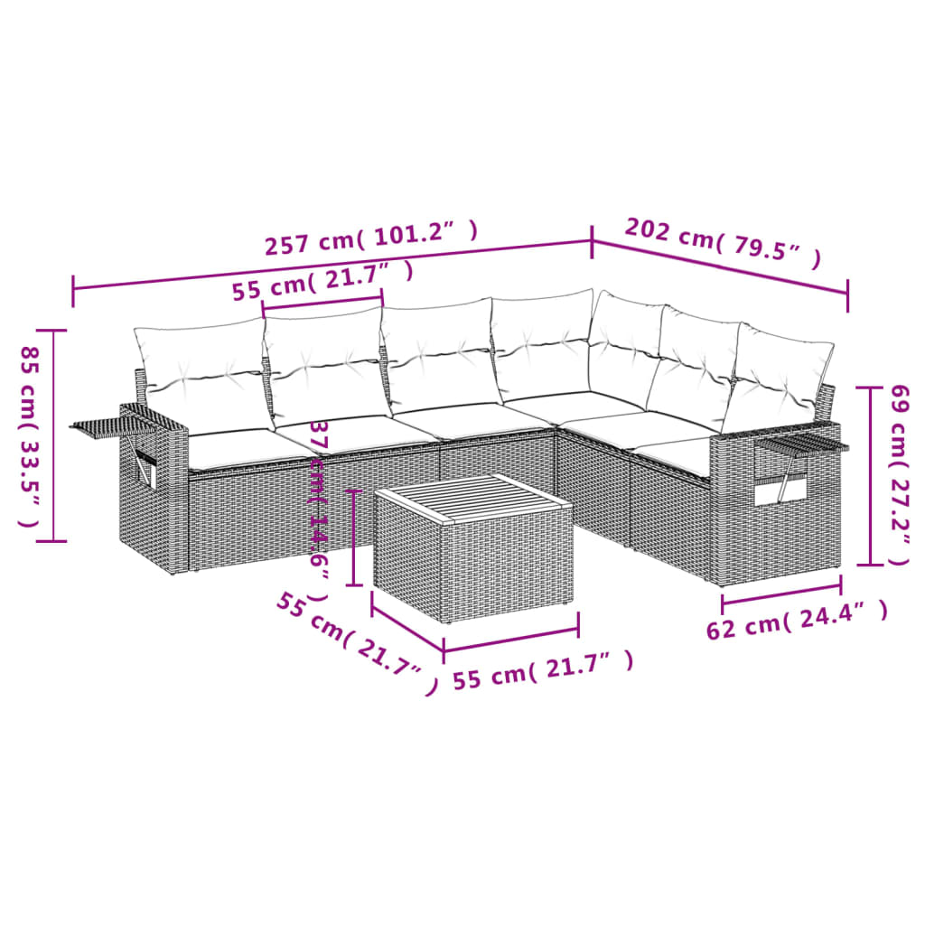7-teiliges Gartensofa-Set mit Kissen, schwarzes Polyrattan