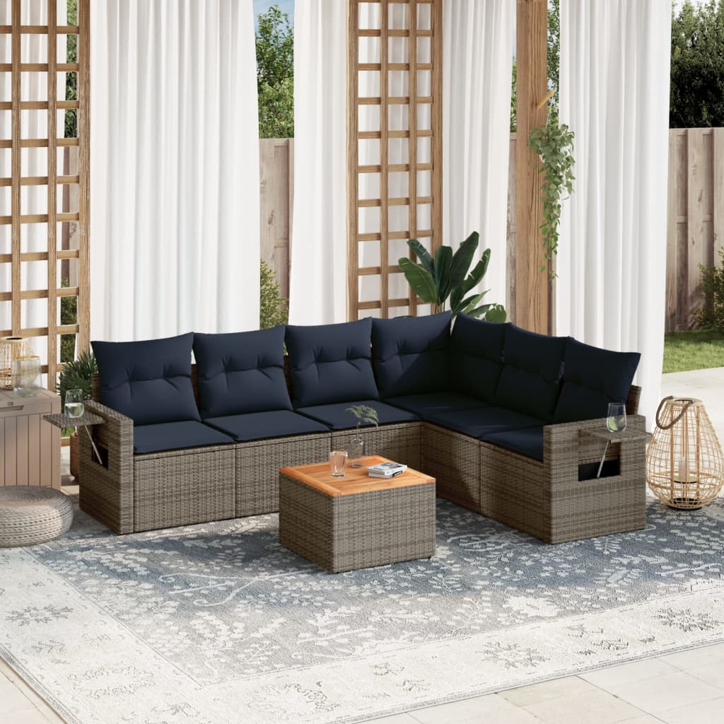 7-teiliges Gartensofa-Set mit Kissen, grau, Polyrattan