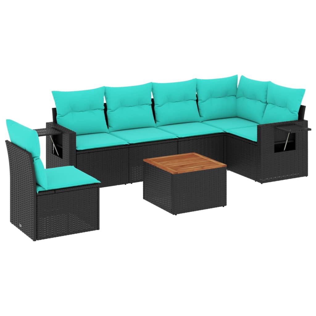 7-teiliges Gartensofa-Set mit Kissen, schwarzes Polyrattan