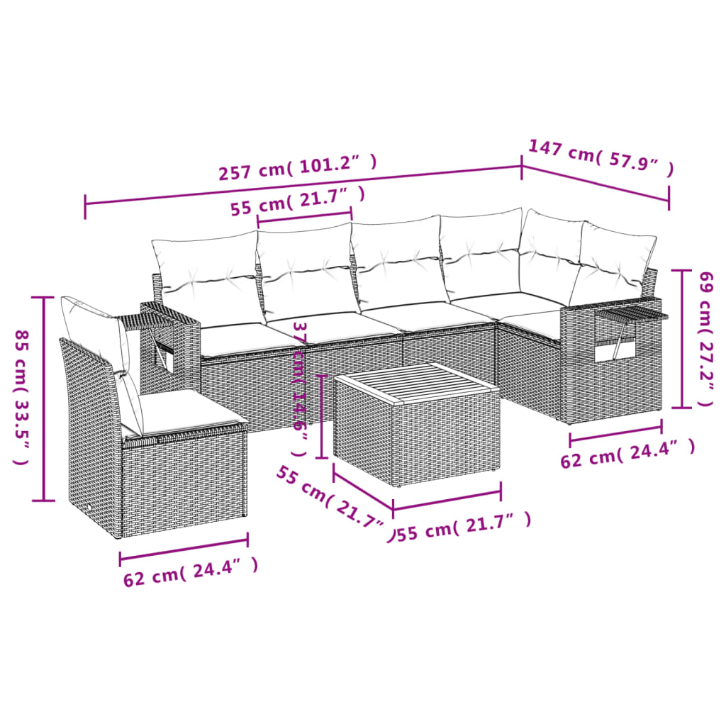 7-teiliges Gartensofa-Set mit Kissen, schwarzes Polyrattan