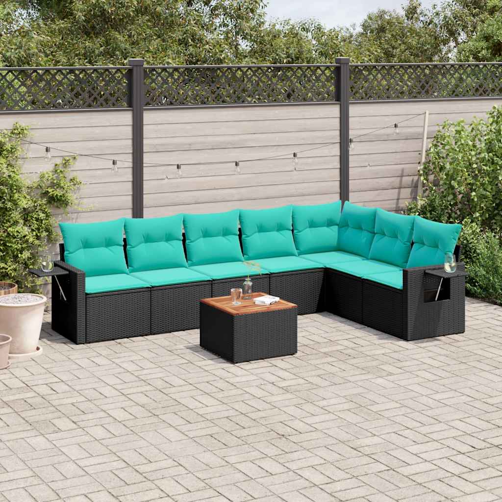 8-teiliges Gartensofa-Set mit Kissen, schwarzes Polyrattan