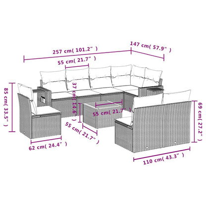 9-teiliges Gartensofa-Set mit Kissen, grau, Polyrattan