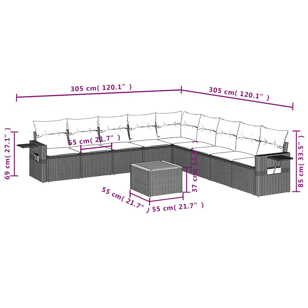 10-teiliges Gartensofa-Set mit Kissen, schwarzes Polyrattan