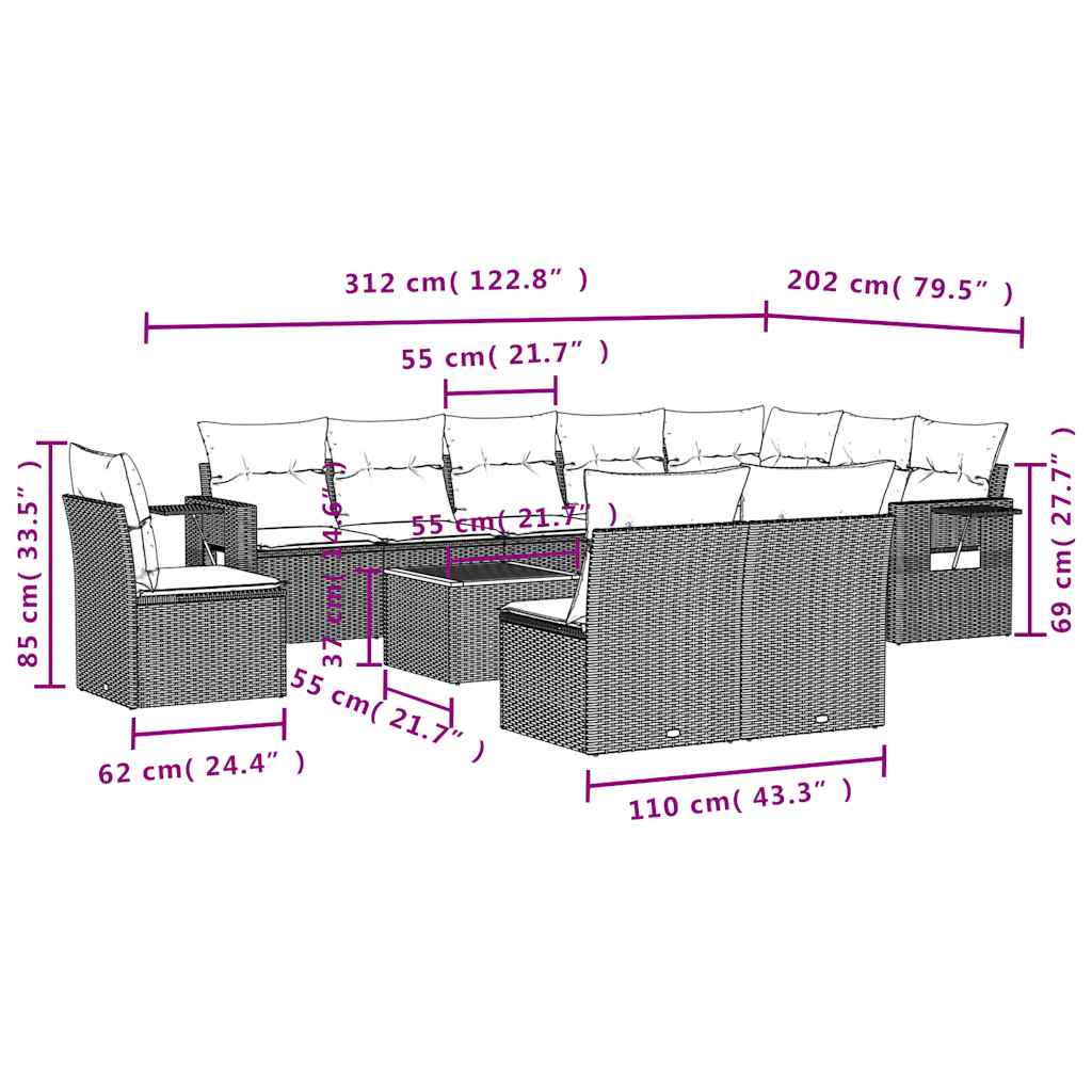 11-teiliges Gartensofa-Set mit Kissen, schwarzes Polyrattan