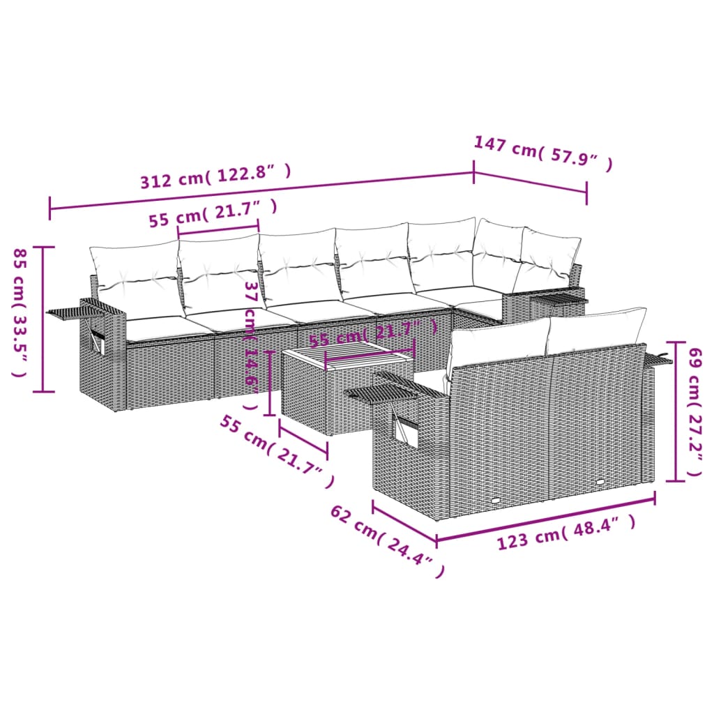 9-teiliges Gartensofa-Set mit Kissen, schwarzes Polyrattan