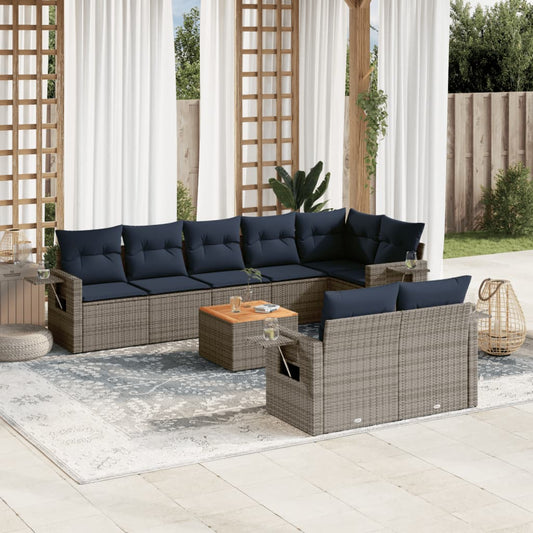 9-teiliges Gartensofa-Set mit Kissen, grau, Polyrattan