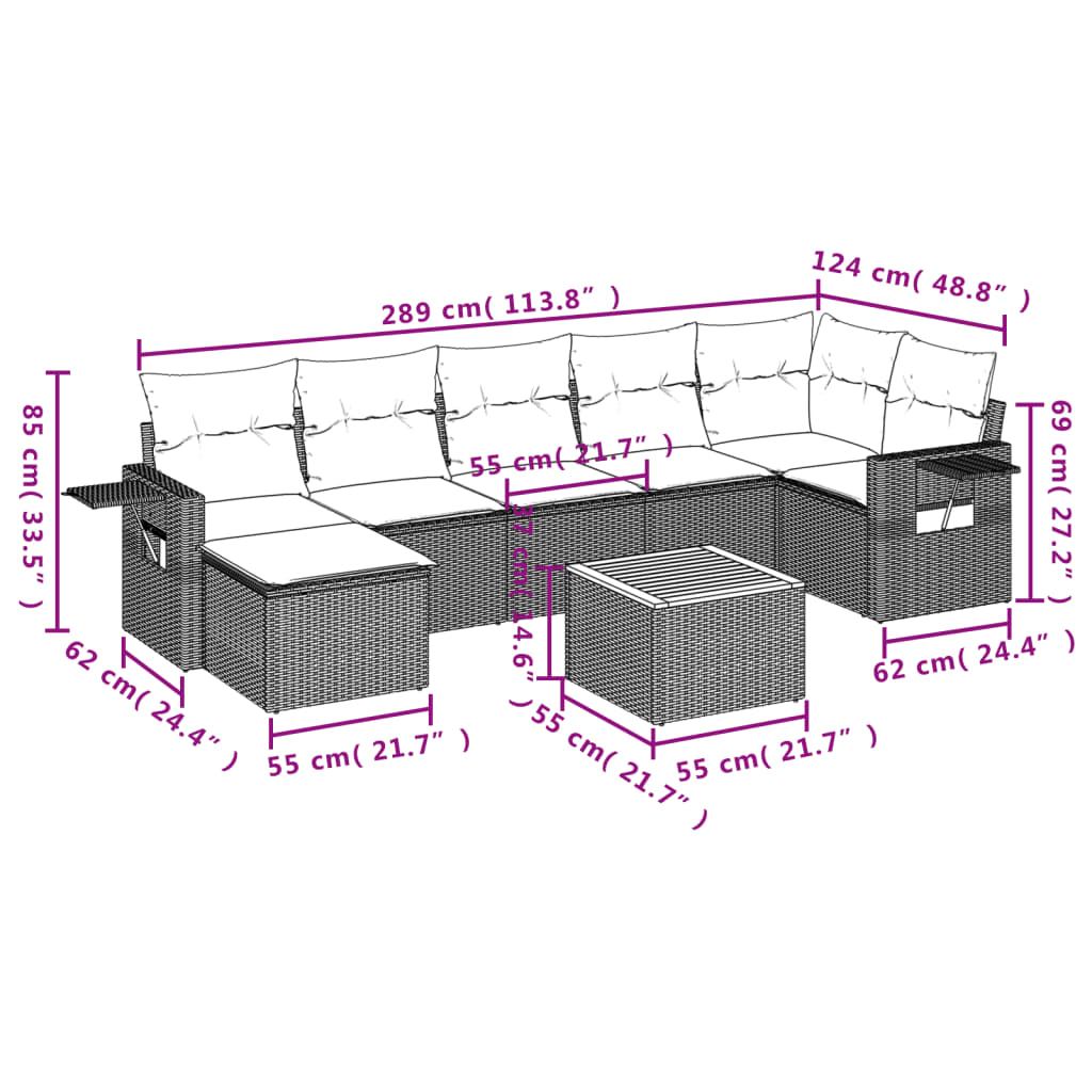 8-teiliges Gartensofa-Set mit Kissen, grau, Polyrattan