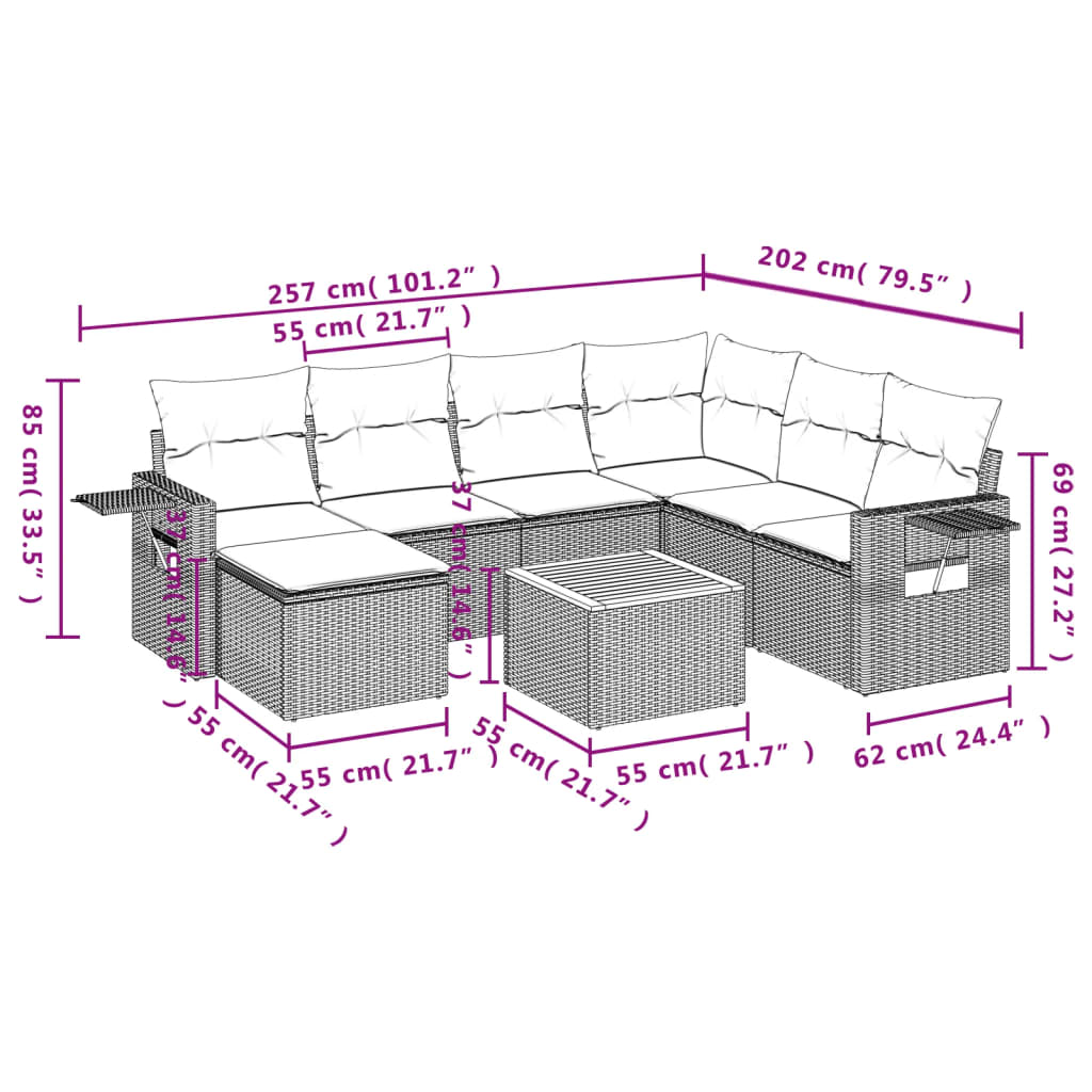 8-teiliges Gartensofa-Set mit Kissen, schwarzes Polyrattan