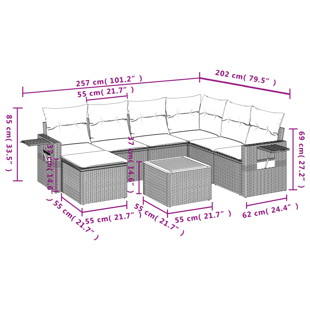 8-teiliges Gartensofa-Set mit Kissen, grau, Polyrattan