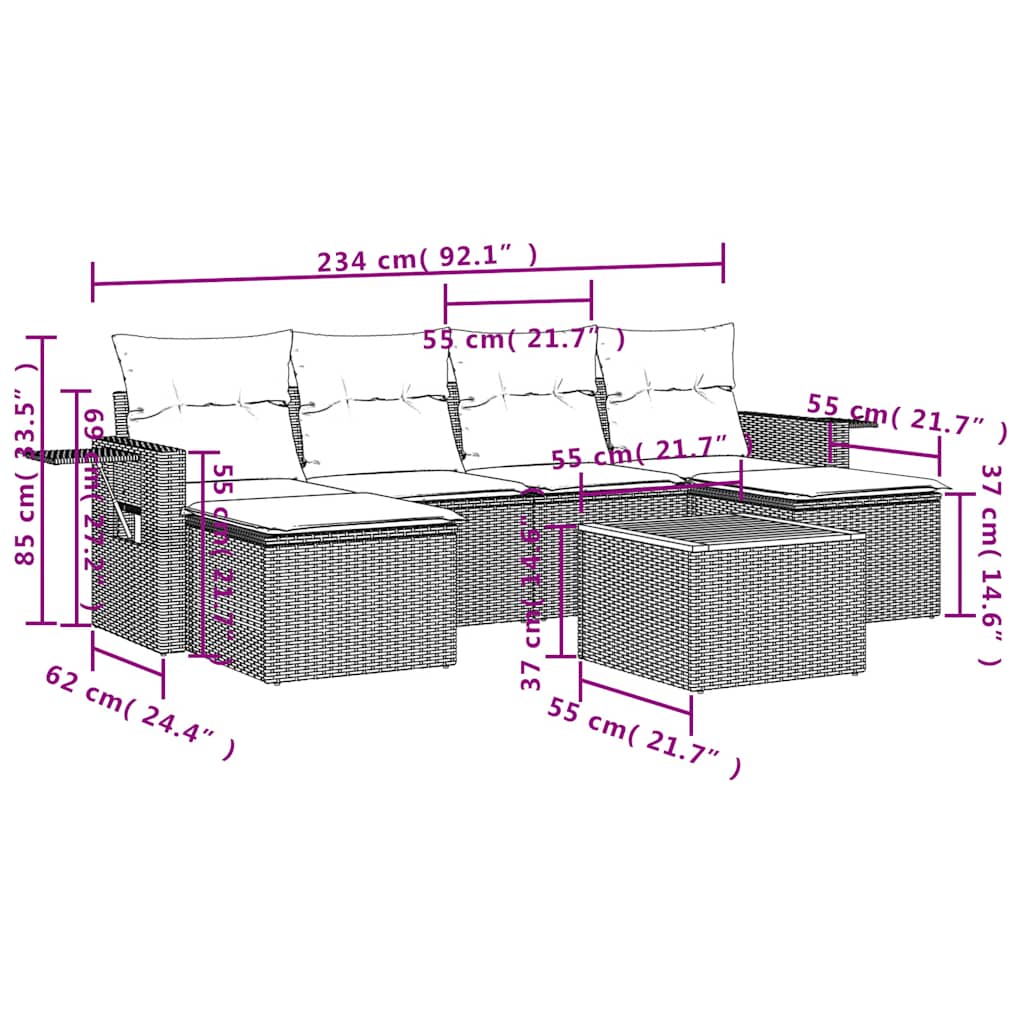 7-teiliges Gartensofa-Set mit Kissen, schwarzes Polyrattan