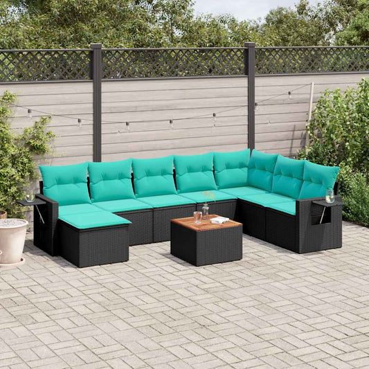 9-teiliges Gartensofa-Set mit Kissen, schwarzes Polyrattan