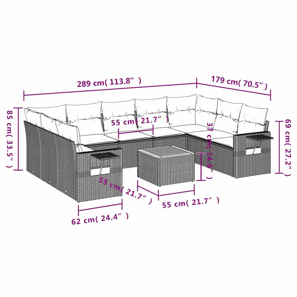 10-teiliges Gartensofa-Set mit Kissen, schwarzes Polyrattan