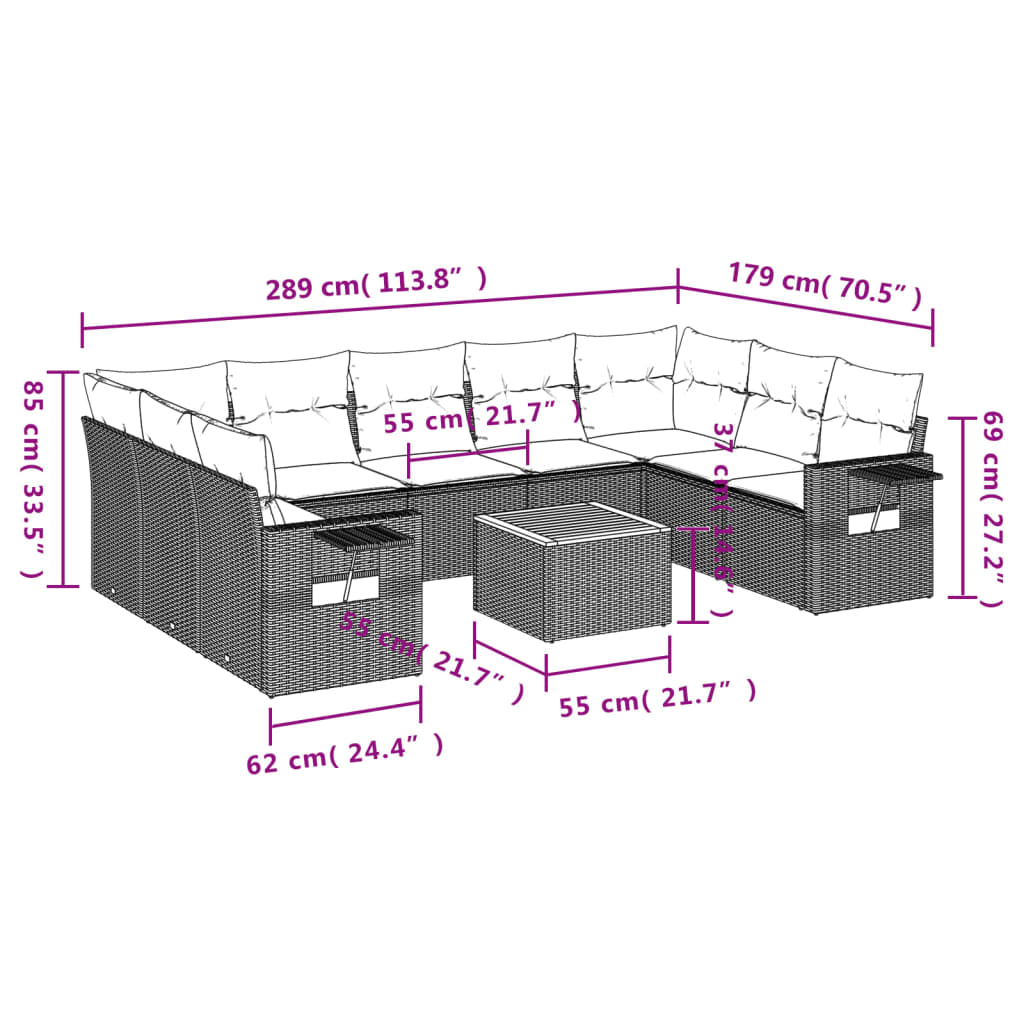 10-teiliges Gartensofa-Set mit Kissen, grau, Polyrattan