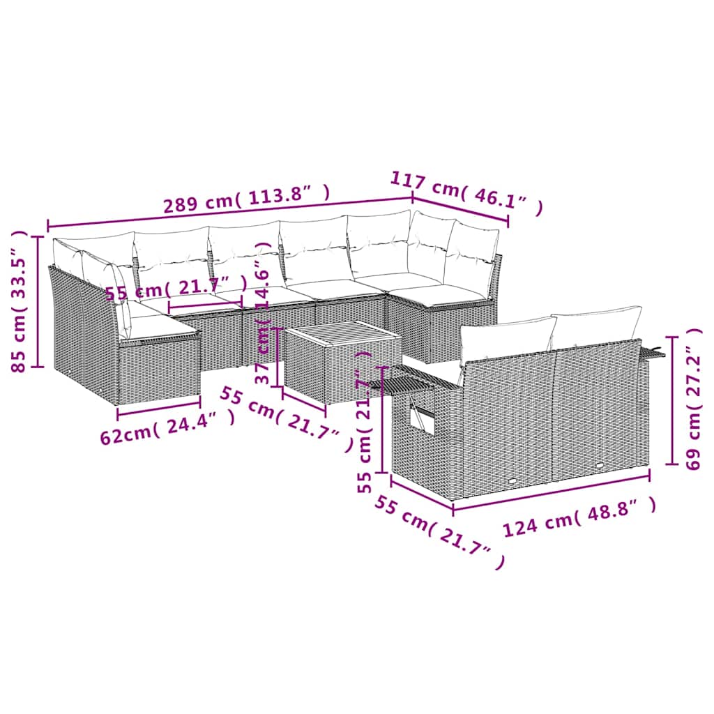 10-teiliges Gartensofa-Set mit Kissen, schwarzes Polyrattan