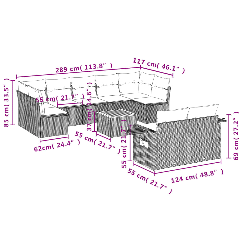 10-teiliges Gartensofa-Set mit Kissen, grau, Polyrattan