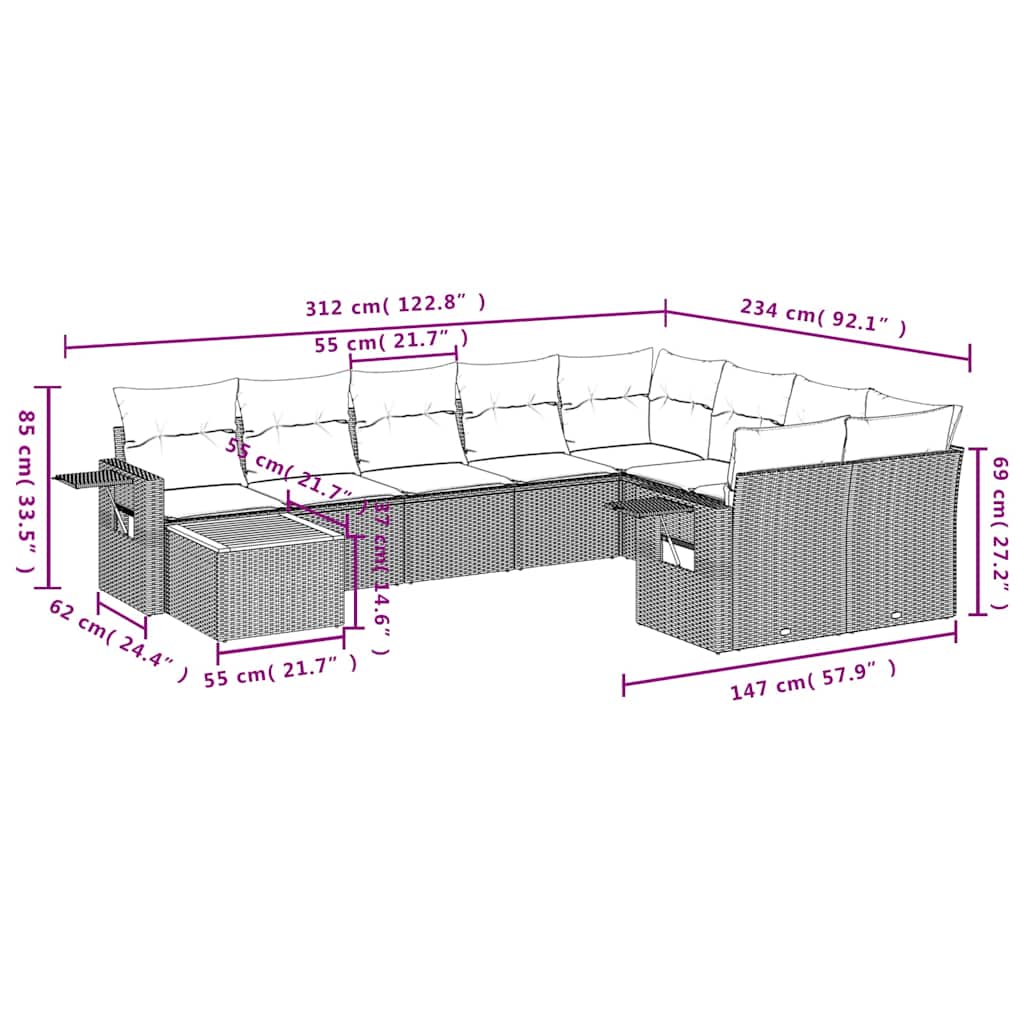 10-teiliges Gartensofa-Set mit Kissen, schwarzes Polyrattan
