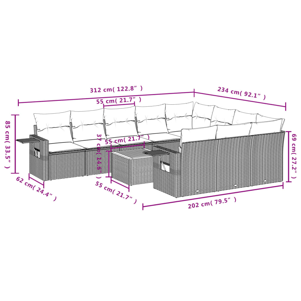11-teiliges Gartensofa-Set mit Kissen, grau, Polyrattan
