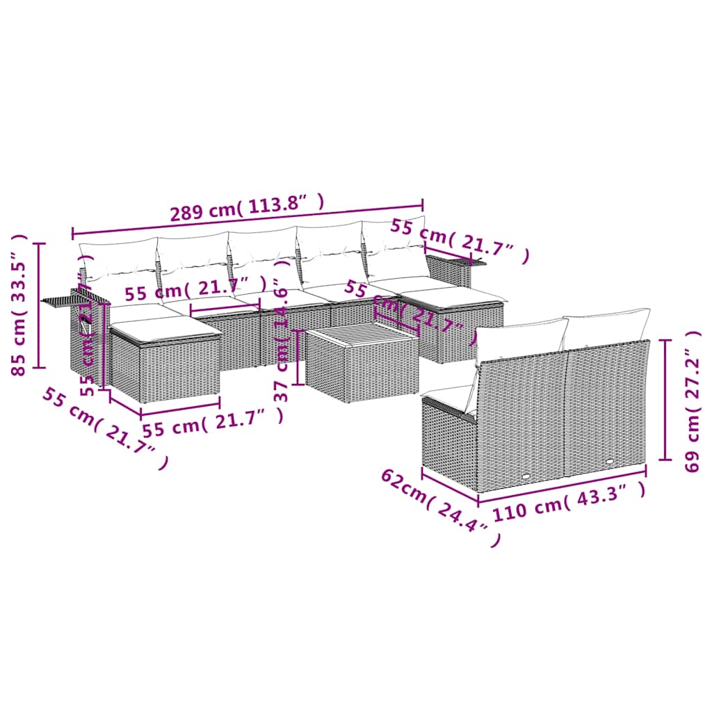 10-teiliges Gartensofa-Set mit Kissen, schwarzes Polyrattan