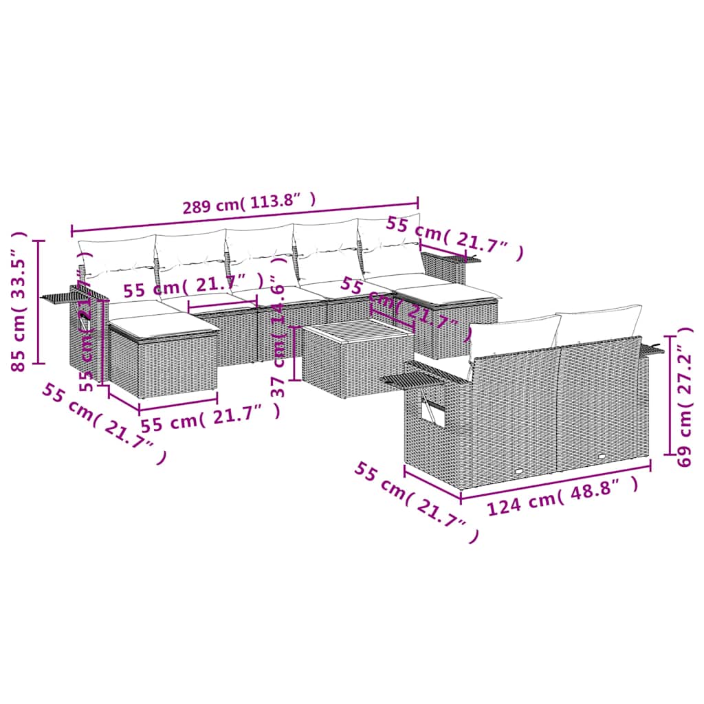 10-teiliges Gartensofa-Set mit Kissen, schwarzes Polyrattan