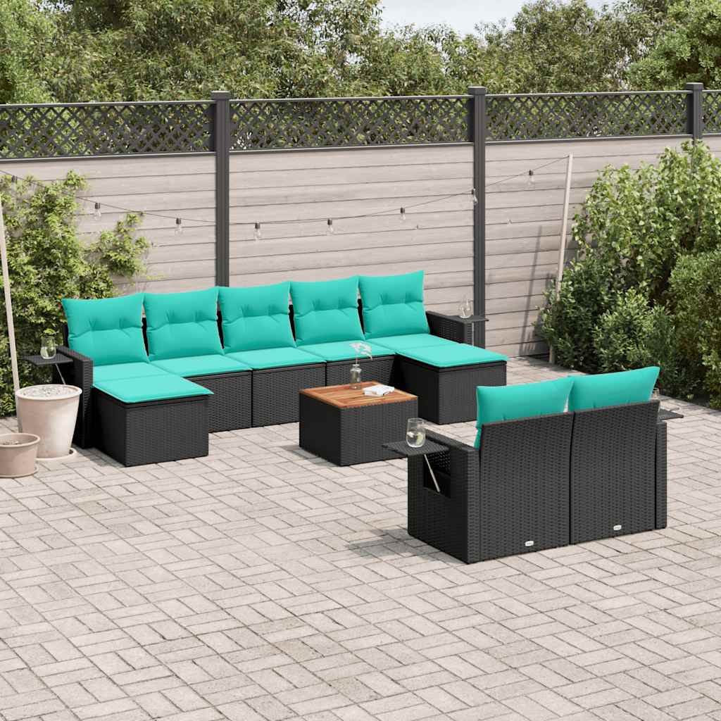 10-teiliges Gartensofa-Set mit Kissen, schwarzes Polyrattan