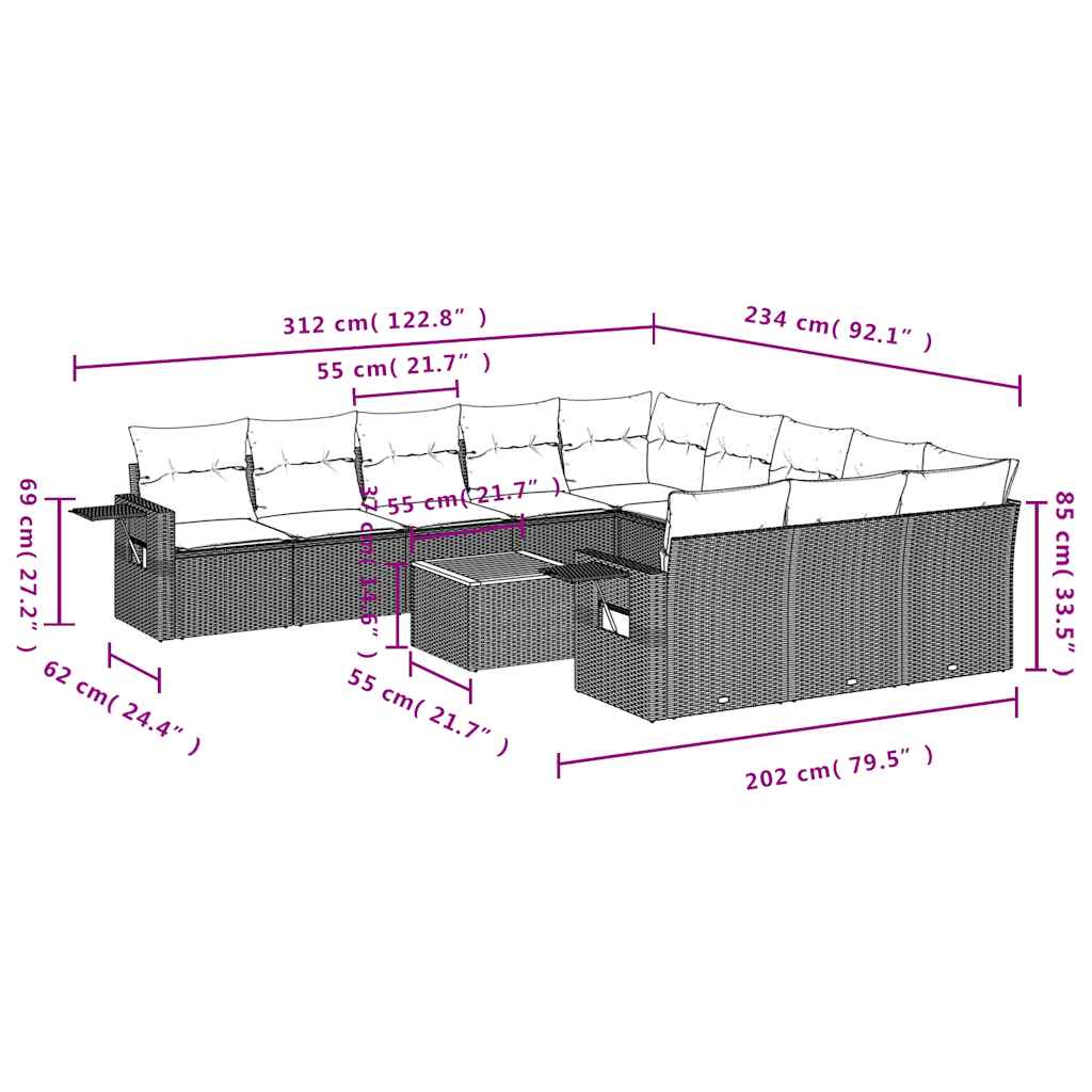 12-teiliges Gartensofa-Set mit Kissen, grau, Polyrattan