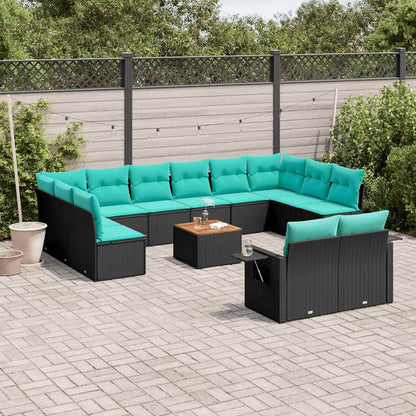 13-teiliges Gartensofa-Set mit Kissen, schwarzes Polyrattan