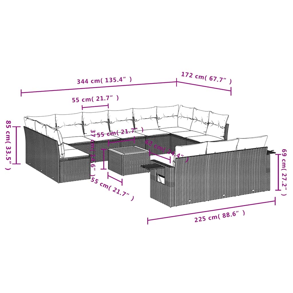 14-teiliges Gartensofa-Set mit Kissen, schwarzes Polyrattan