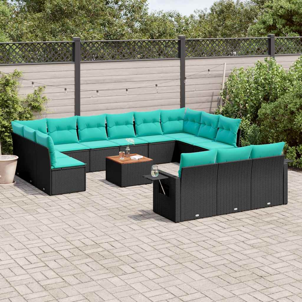 14-teiliges Gartensofa-Set mit Kissen, schwarzes Polyrattan