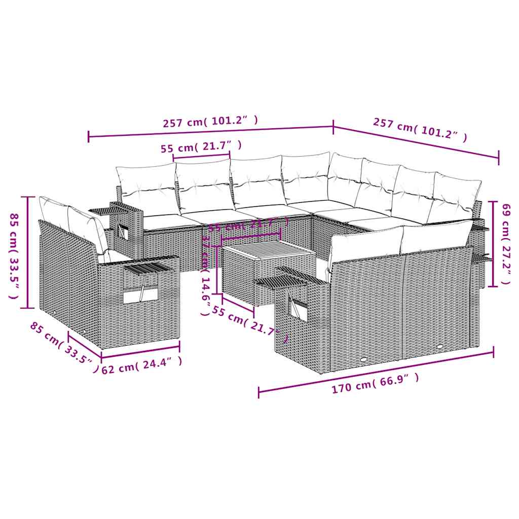 12-teiliges Gartensofa-Set mit Kissen, grau, Polyrattan