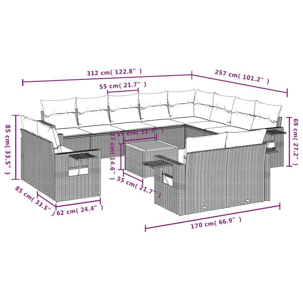 13-teiliges Gartensofa-Set mit Kissen, grau, Polyrattan
