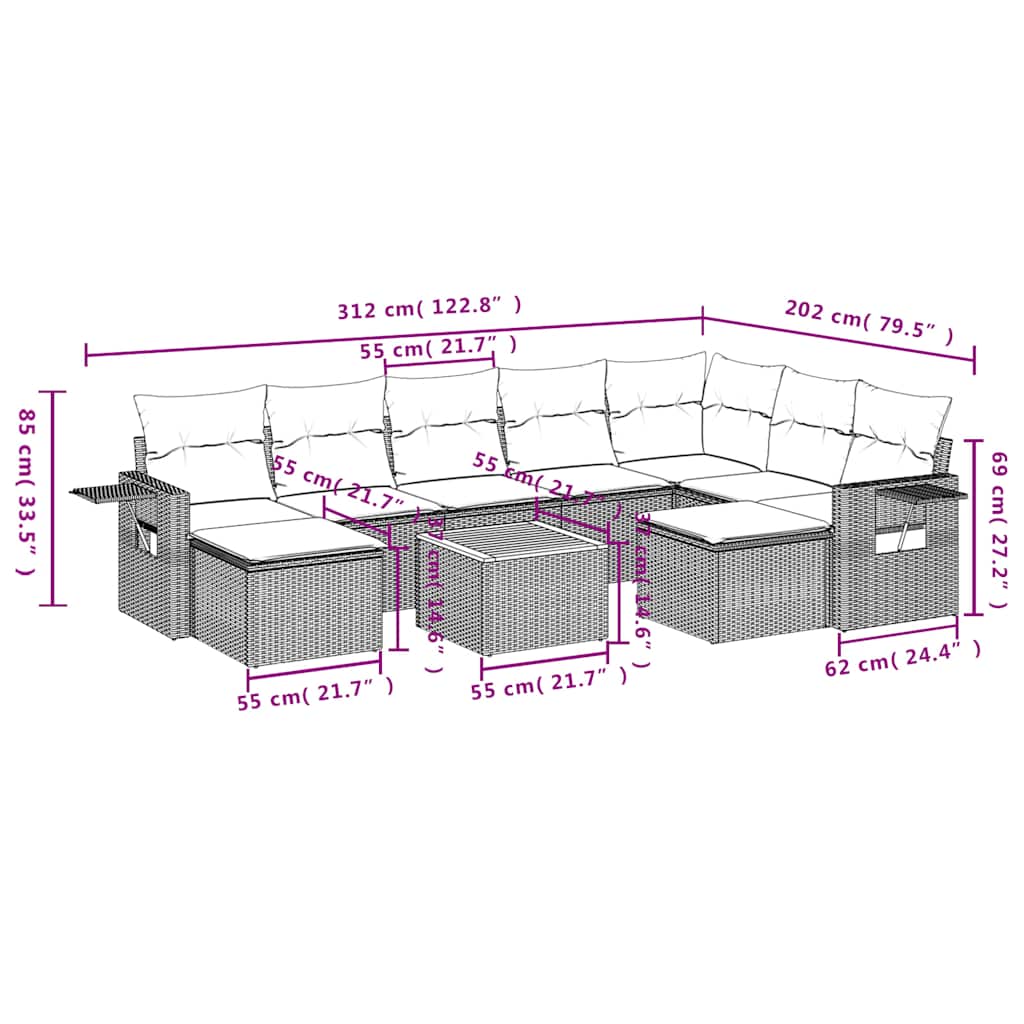 10-teiliges Gartensofa-Set mit Kissen, schwarzes Polyrattan