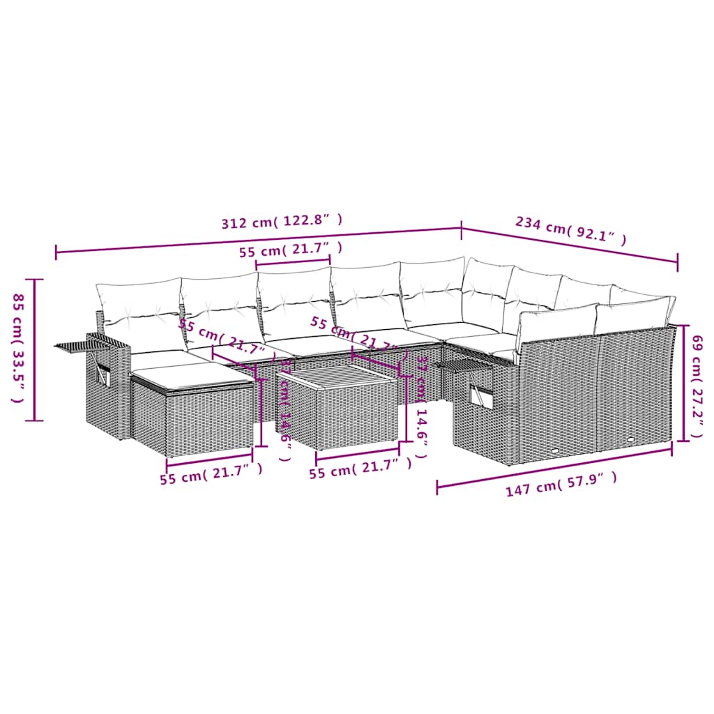 11-teiliges Gartensofa-Set mit Kissen, schwarzes Polyrattan