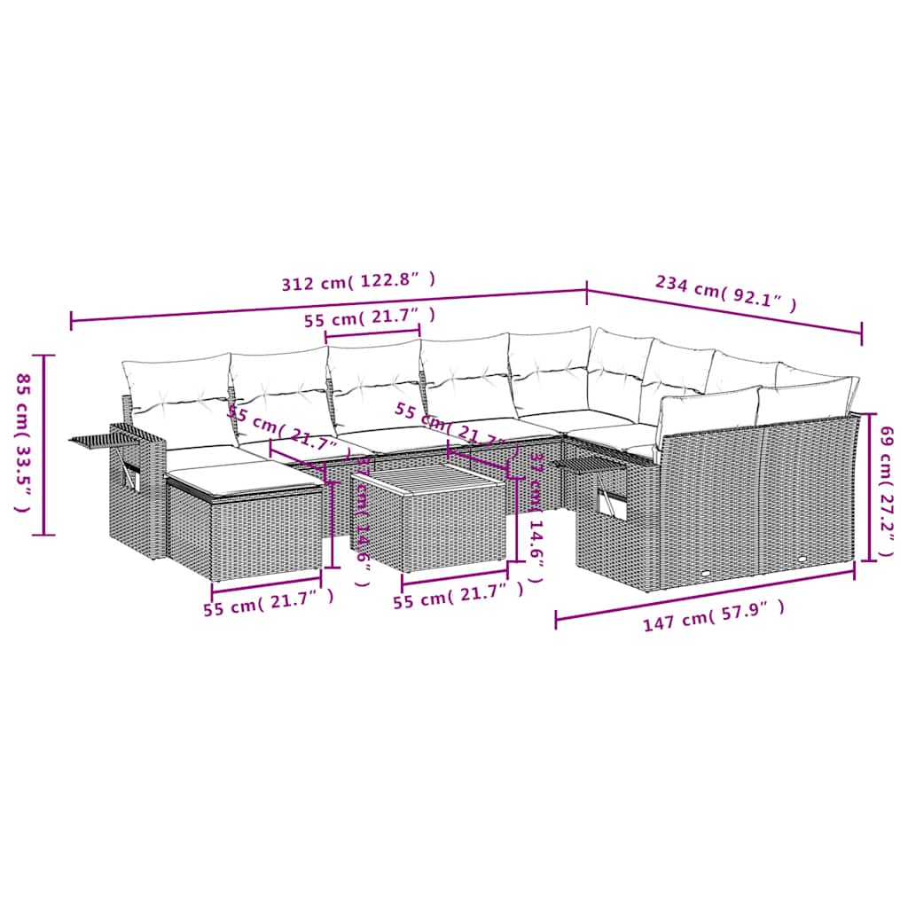 11-teiliges Gartensofa-Set mit Kissen, grau, Polyrattan
