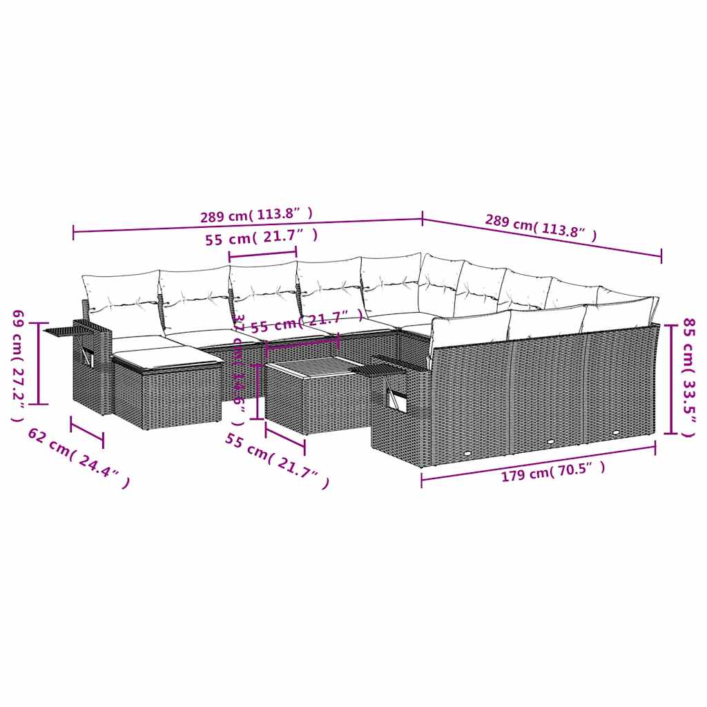13-teiliges Gartensofa-Set mit Kissen, grau, Polyrattan