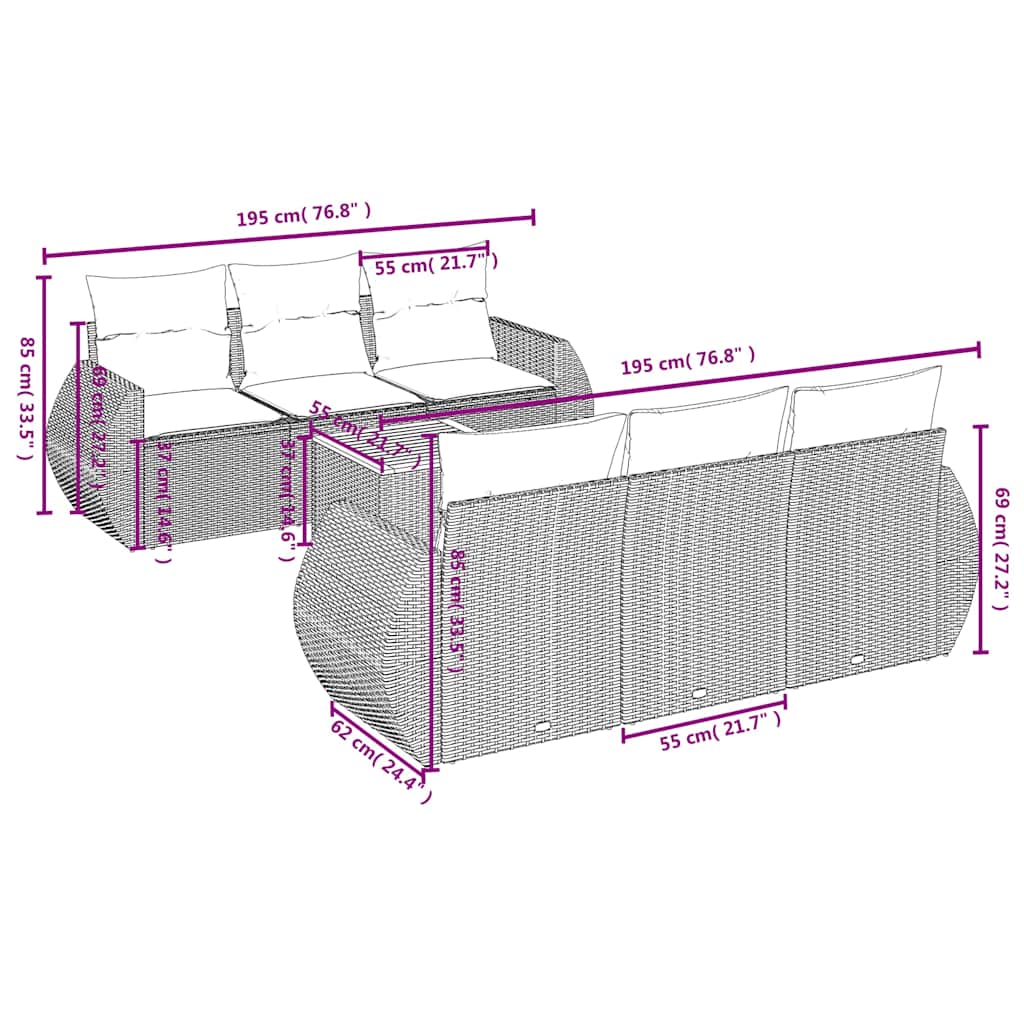 7-tlg. Garten-Sofagarnitur mit Kissen Schwarz Poly Rattan
