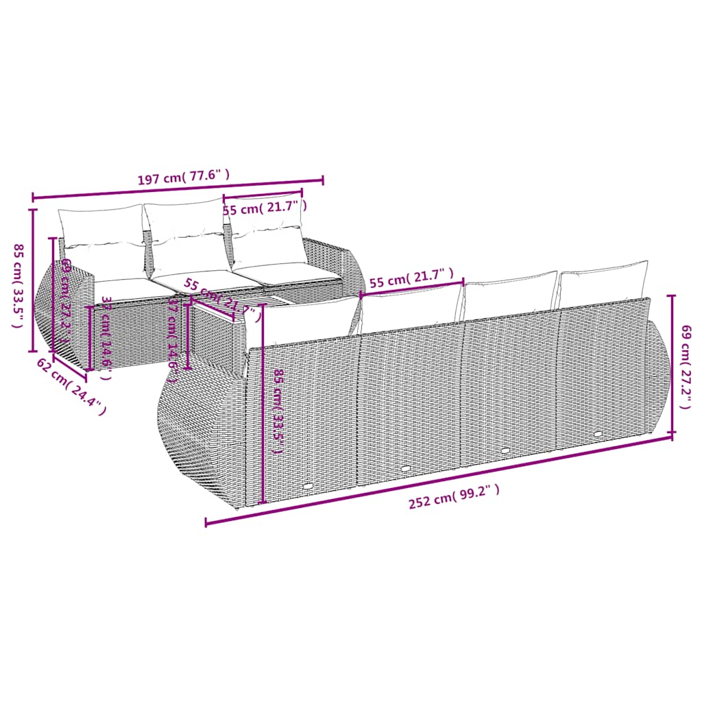8-teiliges Gartensofa-Set mit Kissen, grau, Polyrattan