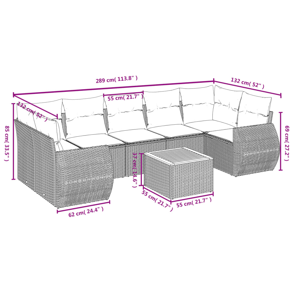Ensemble de canapés de jardin 8 pièces avec coussins, en polyrotin noir
