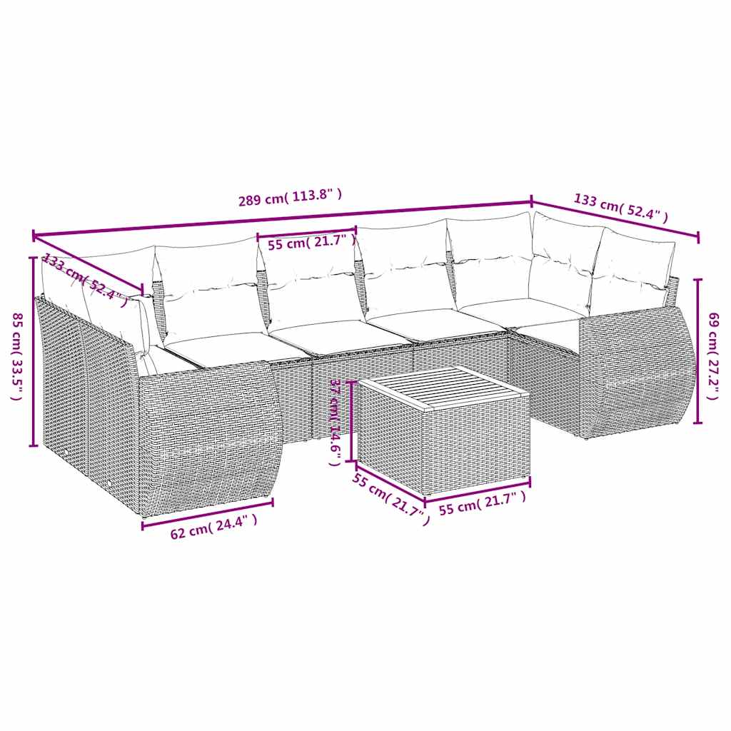 8-teiliges Gartensofa-Set mit Kissen, grau, Polyrattan