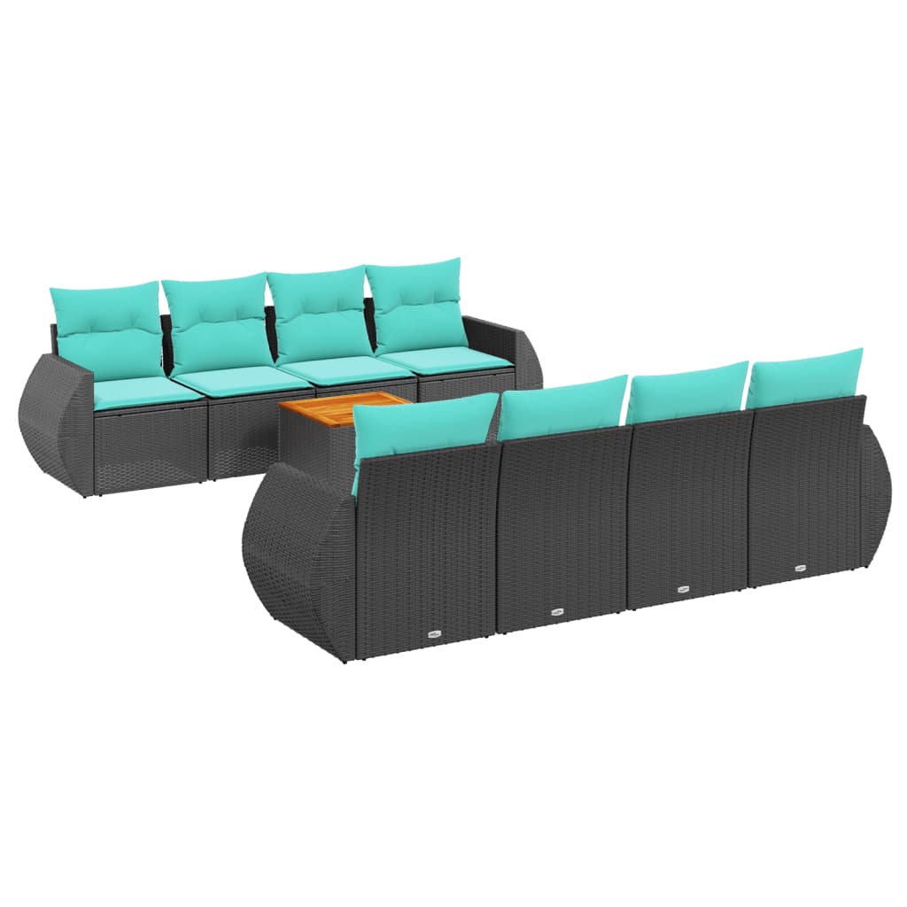 9-teiliges Gartensofa-Set mit Kissen, schwarzes Polyrattan