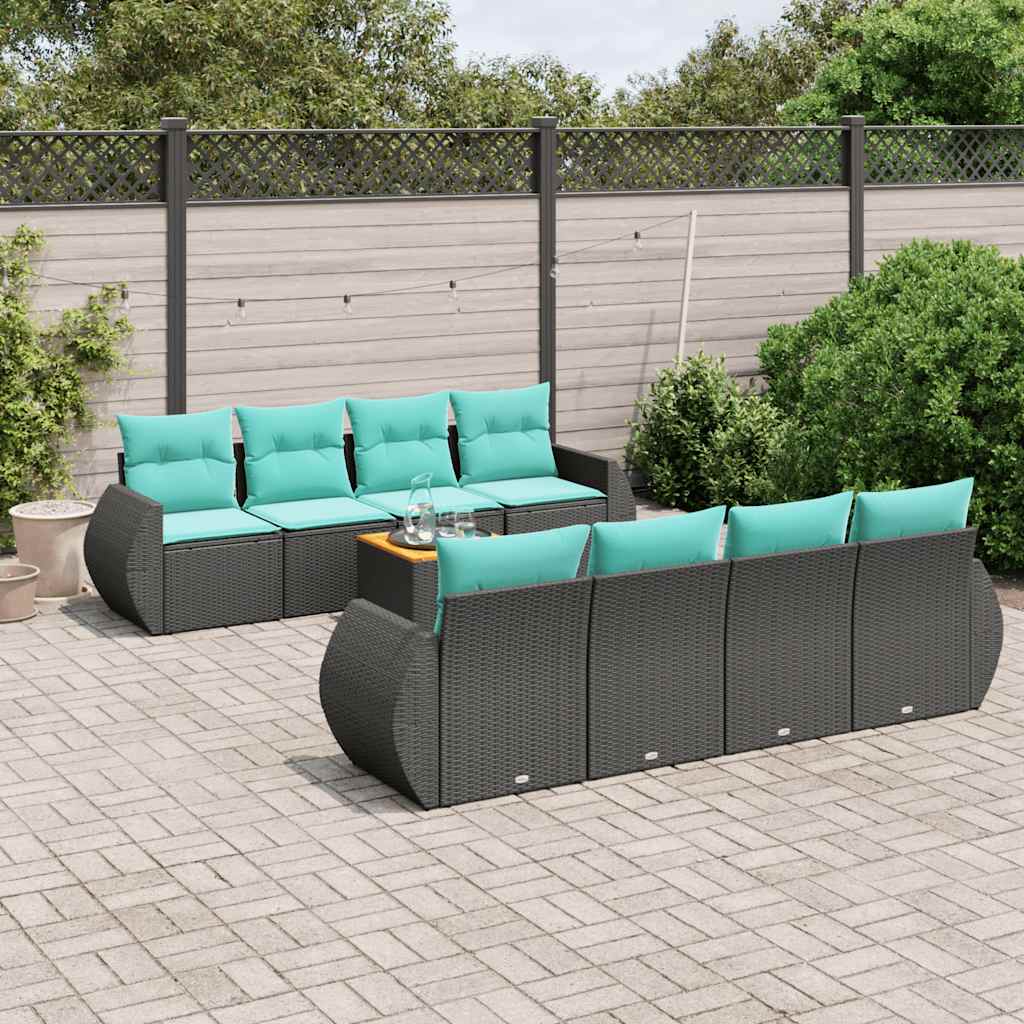 9-teiliges Gartensofa-Set mit Kissen, schwarzes Polyrattan