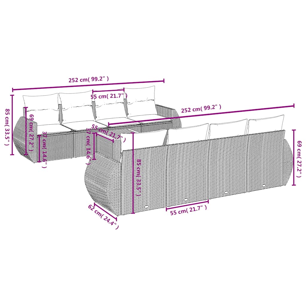 9-teiliges Gartensofa-Set mit Kissen, grau, Polyrattan