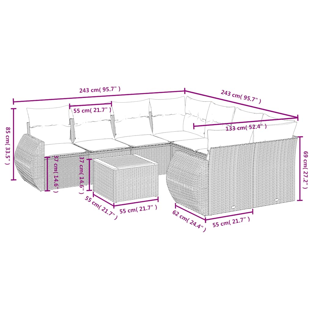 9-teiliges Gartensofa-Set mit Kissen, schwarzes Polyrattan